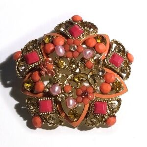 Vintage Signed JHS Star Brooch With Orange Pearls, Rhinestones and Glass